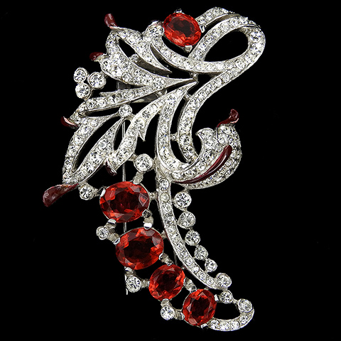 Trifari 'Alfred Philippe' Pave and Faceted Ruby Flower Swirls Floral Spray Pin Clip