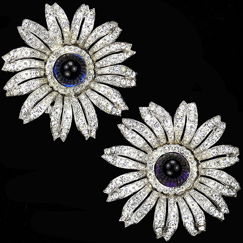 Trifari 'Alfred Philippe' Pair of Pave and Amethyst Cabochon and Pave and Sapphire Cabochon Sunflower Flower Pin Clips