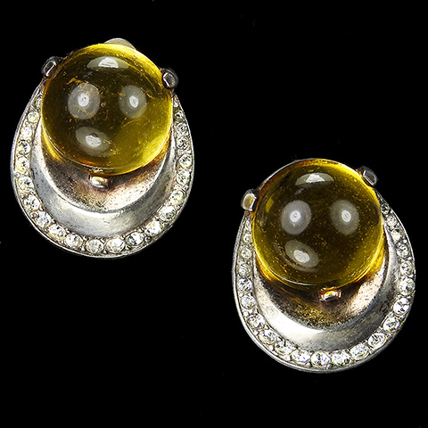 Trifari Sterling 'Alfred Philippe' 'Horseshoe' Yellow Tinted Lucite Jelly Belly Clip Earrings