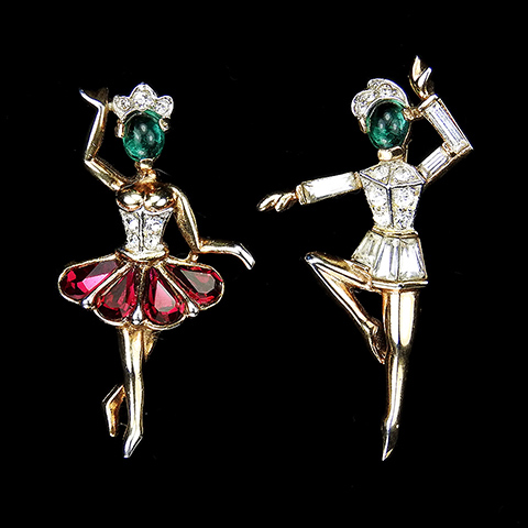 Trifari 'Alfred Philippe' Pair of Emerald Cabochon Ballerina and Male Ballet Dancer Pins, 'Vicki' and 'Nicki'