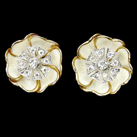 KTF Trifari 'Alfred Philippe' Gold and White Enamel Rose Flower with Pave Pistils Button Clip Earrings