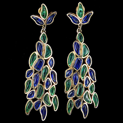 Trifari 'Modern Mosaics' Emerald and Sapphire Poured Glass Tree Shaped Pendant Clip Earrings