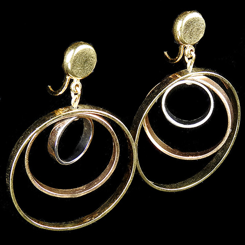 Trifari Gold (and one Silver) Hoops Triple Trapeze Pendant Clip Earrings