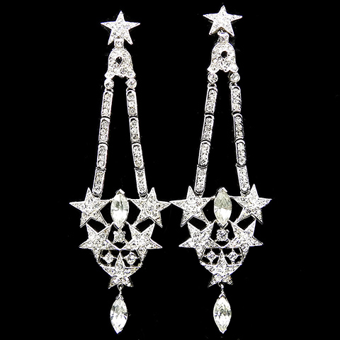 Trifari 'Alfred Philippe' US Patriotic Pave and Navettes Liberty Bell and Multiple Spangled Stars Giant Trapeze Pendant Screwback Earrings