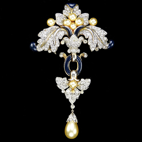 Trifari 'Alfred Philippe' Gold Pave and Enamel 'Empress Eugenie' Single Teardrop Pearl Pendant Pin