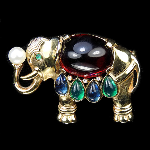 Trifari 'Alfred Philippe' 'Jewels of Bagdad' Emerald Sapphire and Ruby Cabochon 1956 Production Moghul Elephant Holding a Pearl Pin