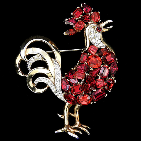 Trifari 'Alfred Philippe' 'Jeweled Symphony' Gold Pave and Ruby Rooster Bird Pin