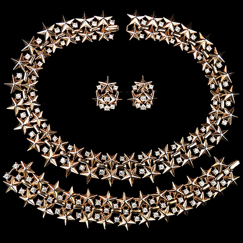 Trifari 'Alfred Philippe' US Patriotic Golden Stars and Spangles Necklace Bracelet and Clip Earrings Set