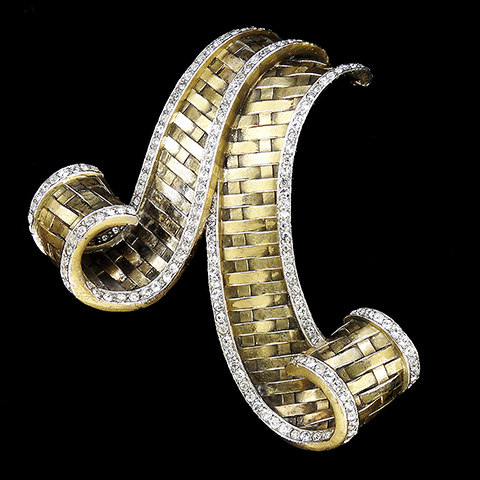 Trifari 'Alfred Philippe' Pave and Gold Basketweave Giant Double Bow Swirl Pin Clip