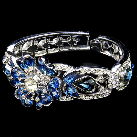 Trifari 'Alfred Philippe' Pave and Teardrop Sapphires Three Link Flower with Heart Shaped Petals Hinged Bangle Bracelet