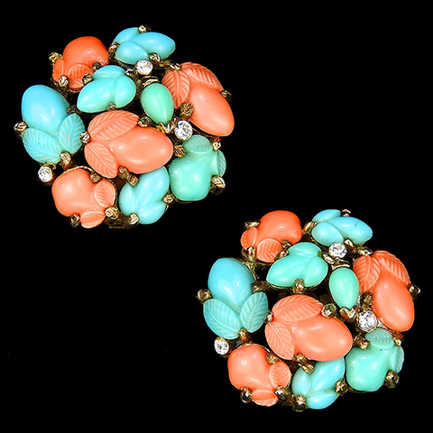 Trifari 'Alfred Philippe' 'Fragonard' Gold Coral Jade and Turquoise Pastel Fruit Salads Larger (10 Fruit Salads) Button Clip Earrings