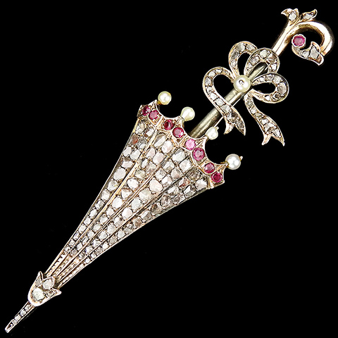 Victorian 9kt Gold Gallery Set Real Rubies Diamonds and Seed Pearls Furled Umbrella with Bow Pin