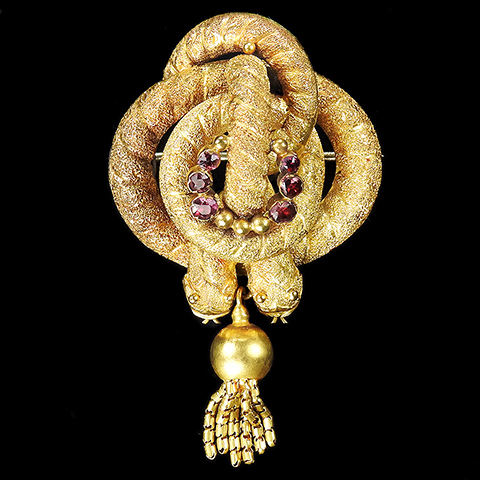 Victorian 15ct Gold Coiled Double Headed Garnet Snake Pin or Necklace Pendant